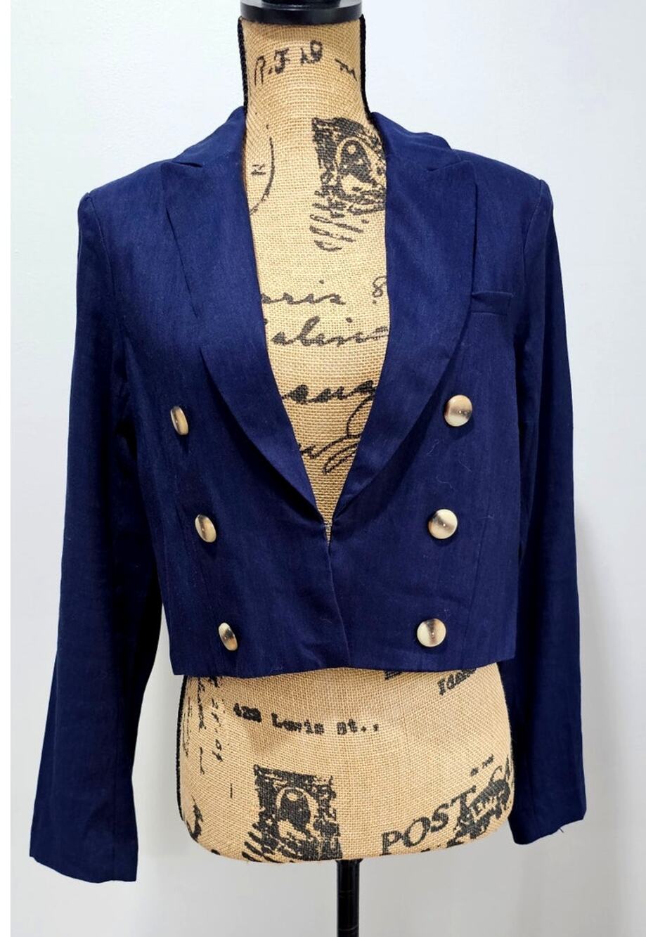 House of Harlow 1960 Blue Linen Cropped Blazer, Wood like Buttons, Sz S - Picture 1 of 10